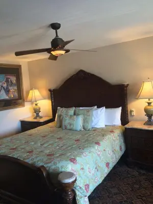 a bedroom with a bed and a ceiling fan at The Classic Horseshoe Bay Motel in Horseshoe Bay