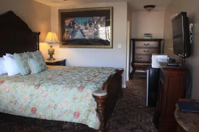 a hotel room with a bed and a television at The Classic Horseshoe Bay Motel in Horseshoe Bay
