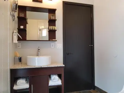 a bathroom with a sink and a mirror at Paradise Resort Club and Spa in Canmore
