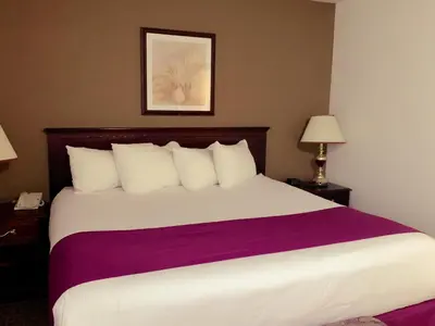 a bedroom with a large bed with a purple blanket at Ramada by Wyndham Red Deer Hotel & Suites in Red Deer