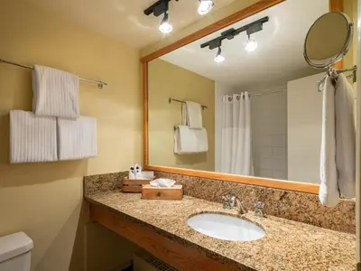 a bathroom with a sink and a mirror at Emerald Lake Lodge in Field