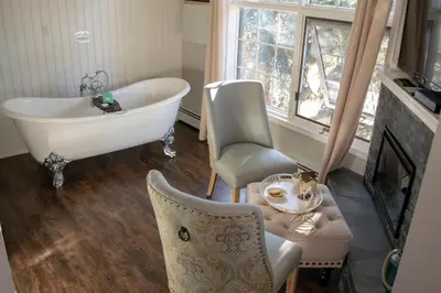 a bathroom with a tub and a dog sitting on a chair at The Georgetown Inn in Canmore