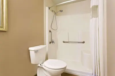 a bathroom with a toilet and a shower at Ramada by Wyndham Kamloops in Kamloops