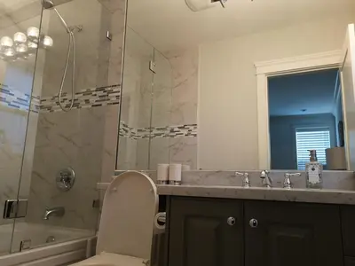a bathroom with a shower and a toilet and a sink at White Rose House in White Rock