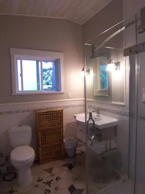 a bathroom with a toilet and a sink at Malaspina Strait Cottage in Powell River
