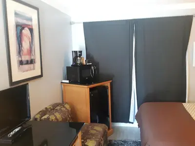 a small living room with a couch and a television at Fuller Lake Chemainus Motel in Chemainus