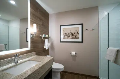 a bathroom with a sink and a toilet and a mirror at The Malcolm Hotel in Canmore