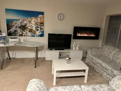 a living room with a couch and a tv and a fireplace at Albion Stay in Maple Ridge District Municipality