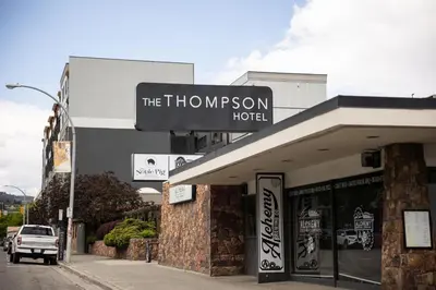 a sign for the thurnon hotel on a street at The Thompson Hotel in Kamloops