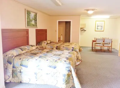a bedroom with a bed and a table and chairs at Alpine Motel in Kamloops