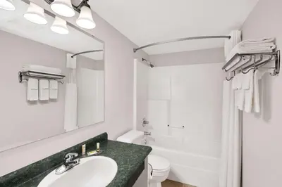 a bathroom with a sink and a toilet and a mirror at Days Inn by Wyndham Kamloops BC in Kamloops