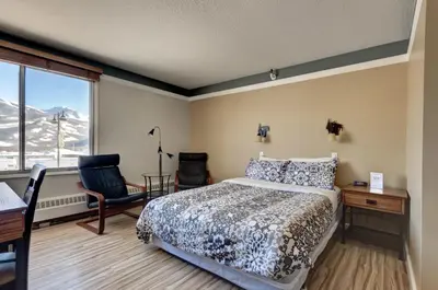 a bedroom with a bed and a desk and a window at Astoria Hotel in Jasper