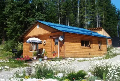 a small wooden cabin with a blue roof at Glenogle Mountain Lodge and Spa in Golden