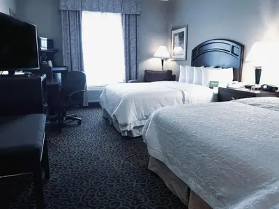 a hotel room with two beds and a flat screen tv at Hampton Inn & Suites by Hilton Edmonton International Airport in Leduc