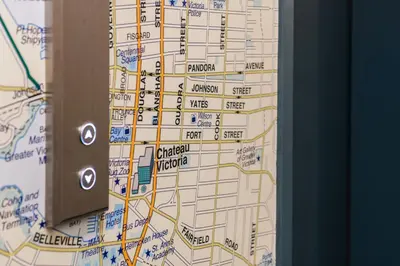 a close up of a map on a wall at Chateau Victoria Hotel & Suites in Victoria