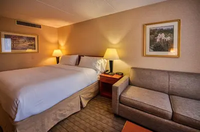 a hotel room with a bed and a couch at Amenida Residences, Calgary in Calgary
