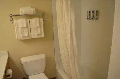 a bathroom with a toilet and a shower and towels at Inn on Long Lake in Nanaimo