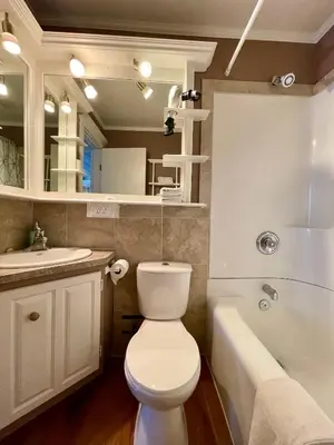 a bathroom with a toilet and a sink and a tub at Brookside Motel in Golden
