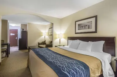 a hotel room with a large bed and a chair at Comfort Inn & Suites in Edson