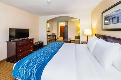 a bedroom with a large bed and a flat screen tv at Comfort Inn & Suites in Edson