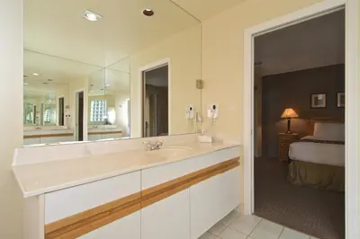 a bathroom with a sink and a large mirror at Snowbird by Bill in Whistler