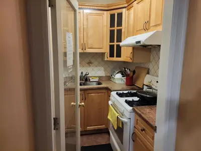a kitchen with wooden cabinets and a stove top oven at Three Kittens Guesthouse in Burnaby