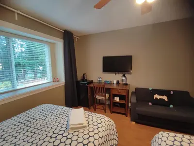a bedroom with a bed and a couch and a tv at Three Kittens Guesthouse in Burnaby