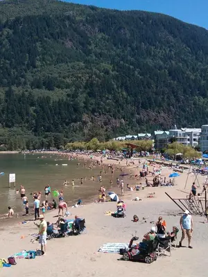 a large group of people on a beach at Harrison Lake Hotel in Harrison Hot Springs