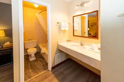 a bathroom with a sink and a toilet and a mirror at Econo Lodge in Edson