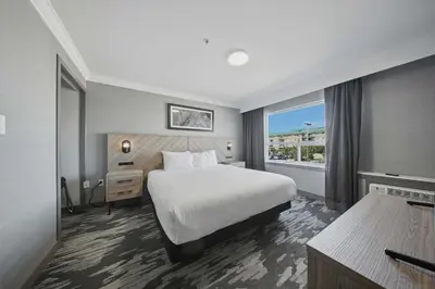 a hotel room with a bed and a window at Sandman Hotel Red Deer in Red Deer