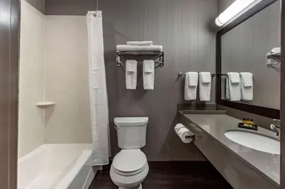 a bathroom with a toilet and a tub and a sink at Best Western Plus Meridian in Lloydminster