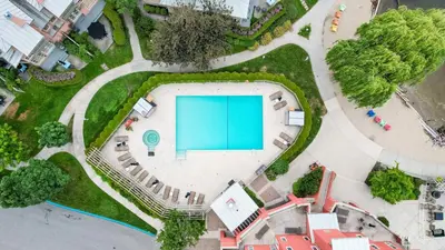 an overhead view of a swimming pool in a park at Manteo at Eldorado Resort in Kelowna