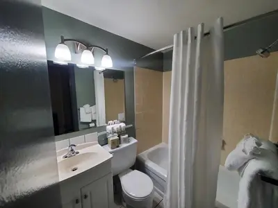 a bathroom with a sink and a toilet and a mirror at Super 8 by Wyndham Duncan in Duncan