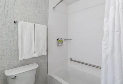 a bathroom with a toilet and a shower with towels at Holiday Inn Express & Suites Kelowna - East by IHG in Kelowna