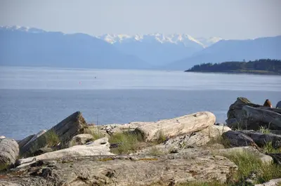 a large group of rocks on the shore of a body of water at Birds of a Feather Victoria Oceanfront Studio Suites in Colwood