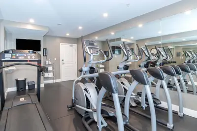 a gym with rows of treadmills and mirrors at Sandman Hotel Langley in Langley
