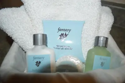 a basket with two bottles of detergents in it at Mary's Motel in Golden
