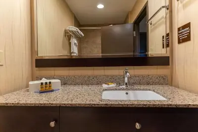 a bathroom counter with a sink and a mirror at Best Western Plus South Edmonton Inn & Suites in Edmonton