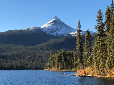 a mountain looming over a lake with trees and a mountain at Vines and Puppies Hideaway in Jade City