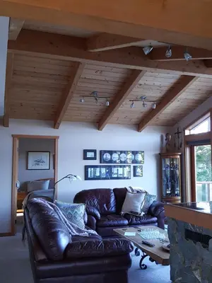 a living room with a leather couch and a fireplace at Reef Point Oceanfront Bed and Breakfast in Ucluelet
