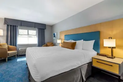 a hotel room with a large bed and a chair at Clarion Hotel & Conference Centre in Abbotsford