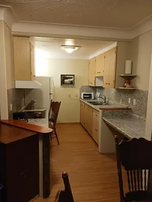 a kitchen with a sink and a refrigerator at Higgin's Inn in Powell River
