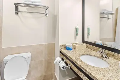 a bathroom with a toilet and a sink and a mirror at Best Western Maple Ridge in Maple Ridge District Municipality