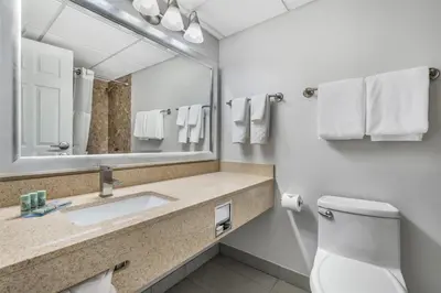 a bathroom with a sink and a mirror and a toilet at Best Western Prince George Downtown in Prince George