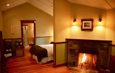 a bedroom with a fireplace and a bed in a room at Johnston Canyon Lodge & Bungalows in Castle Junction