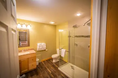 a bathroom with a shower and a toilet and a sink at Alpine Inn & Suites in Nelson
