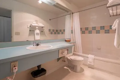 a bathroom with a sink and a toilet and a mirror at The Cedars Inn Hotel & Convention Centre in Gibsons
