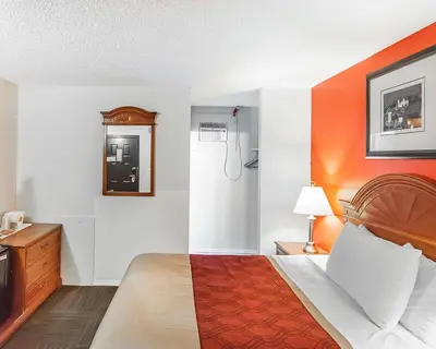 a hotel room with a bed and a shower at Econo Lodge Inn & Suites Drumheller in Drumheller