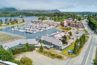 an aerial view of a marina with boats at Canadian Princess Lodge & Marina in Ucluelet