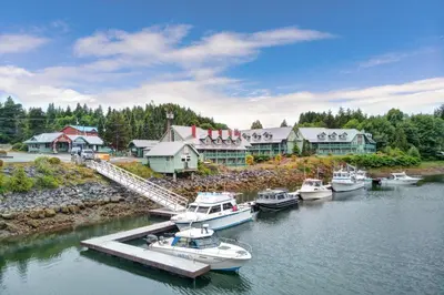 a group of boats docked at a dock in the water at Canadian Princess Lodge & Marina in Ucluelet
